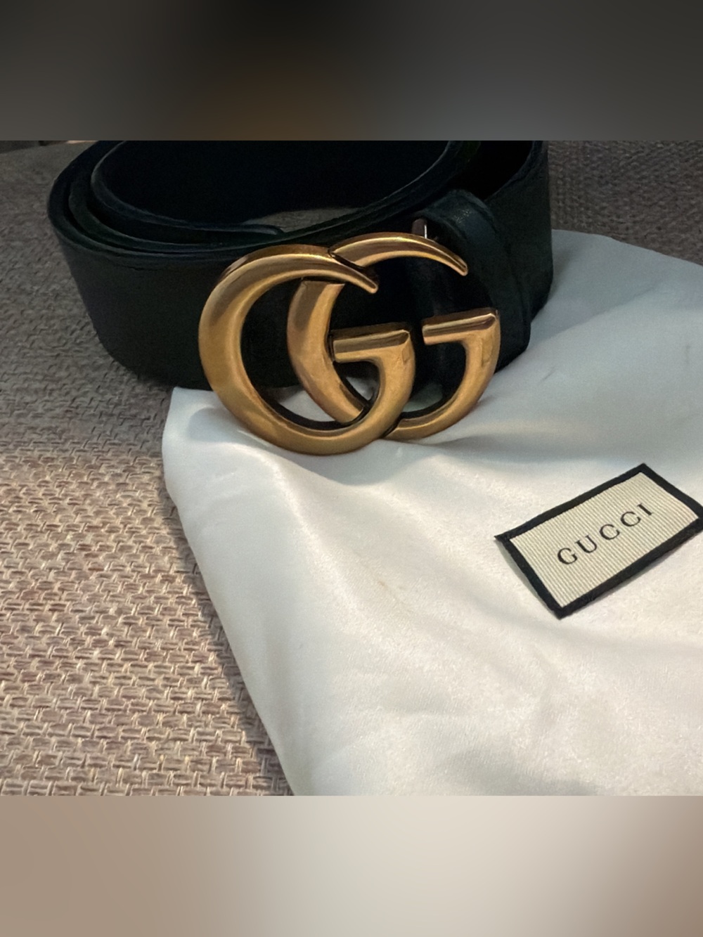 Gucci Black Leather Belt with Antique Gold Double G Buckle
